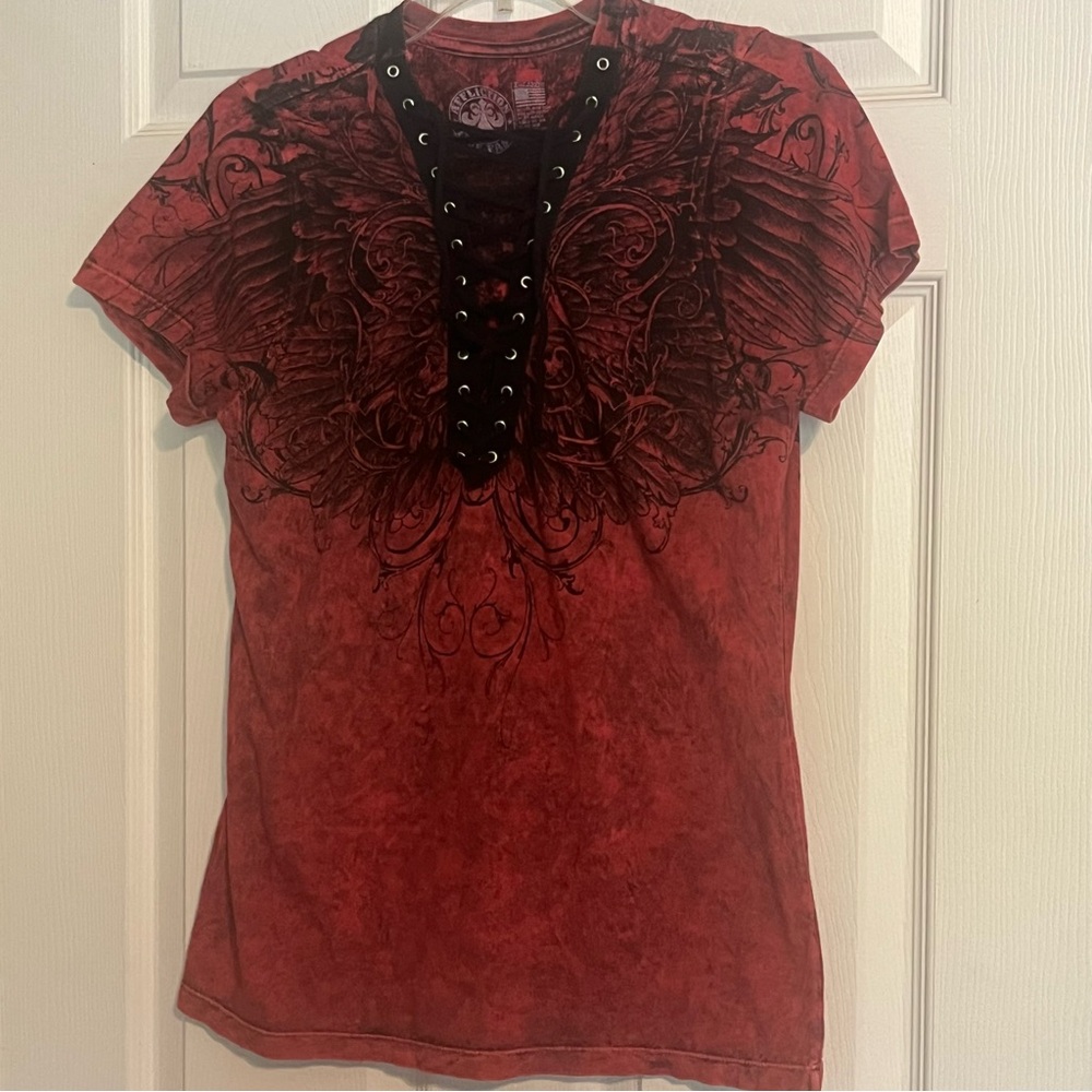 Affliction women’s black and red short sleeve top XL WINGS Y2K